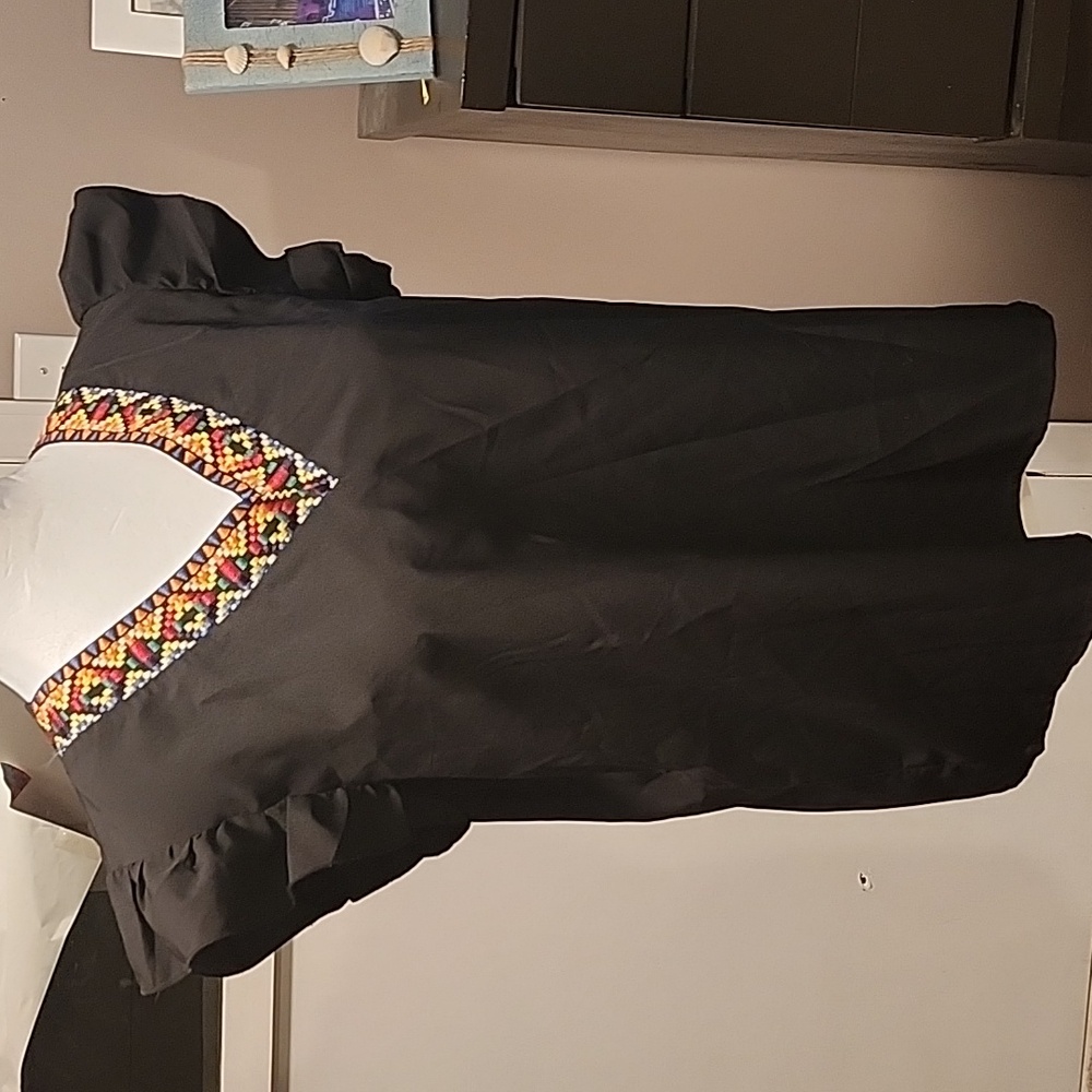 Shein black blouse with multi color stitched collar
